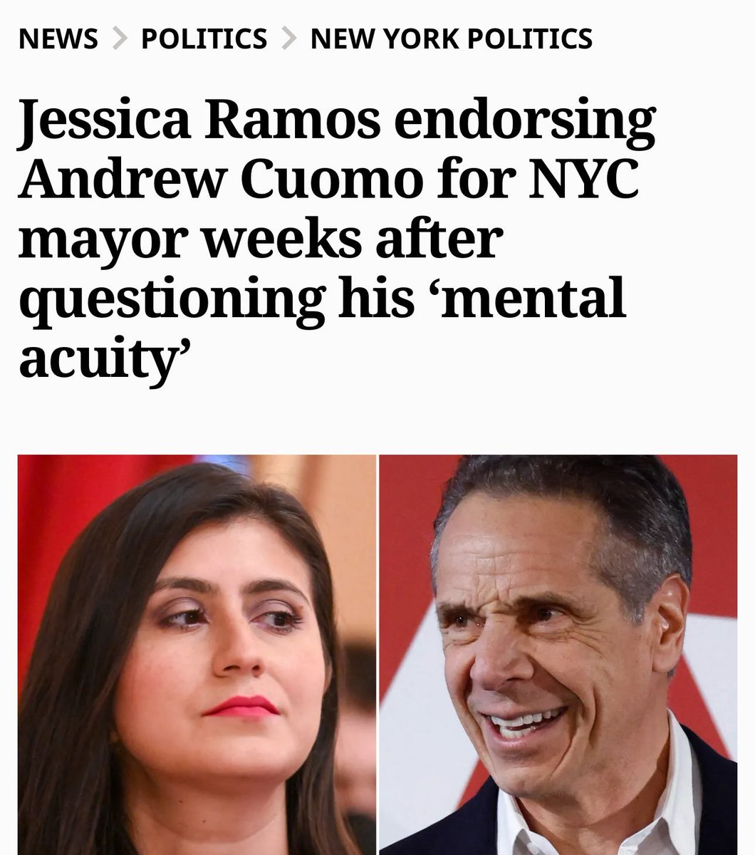 Forest Plinth (@matt_hecht) on Twitter photo NYC, <a href="/jessicaramosqns/">Jessica Ramos</a> just endorsed sex pest Cuomo (whom she routinely criticized prior), throwing her community under the bus and betraying her entire platform.
She's just another Fetterman waiting to happen. Vote Zohran and don't rank her or Cuomo—they don't give a fuck. NYC, <a href="/jessicaramosqns/">Jessica Ramos</a> just endorsed sex pest Cuomo (whom she routinely criticized prior), throwing her community under the bus and betraying her entire platform.
She's just another Fetterman waiting to happen. Vote Zohran and don't rank her or Cuomo—they don't give a fuck.