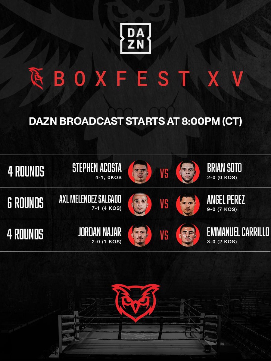 Red Owl Boxing (@redowlbox) on Twitter photo This is it Houston! BOXFEST XV goes live at 8 PM CT! 🍿
Catch all the bouts, all the drama, all the action, LIVE on <a href="/daznboxing/">DAZN Boxing</a> 🥊🦉Doors open at 6:30 PM!
#boxfestxv #redowlboxing #boxing #houston #daznboxing #OGF This is it Houston! BOXFEST XV goes live at 8 PM CT! 🍿
Catch all the bouts, all the drama, all the action, LIVE on <a href="/daznboxing/">DAZN Boxing</a> 🥊🦉Doors open at 6:30 PM!
#boxfestxv #redowlboxing #boxing #houston #daznboxing #OGF