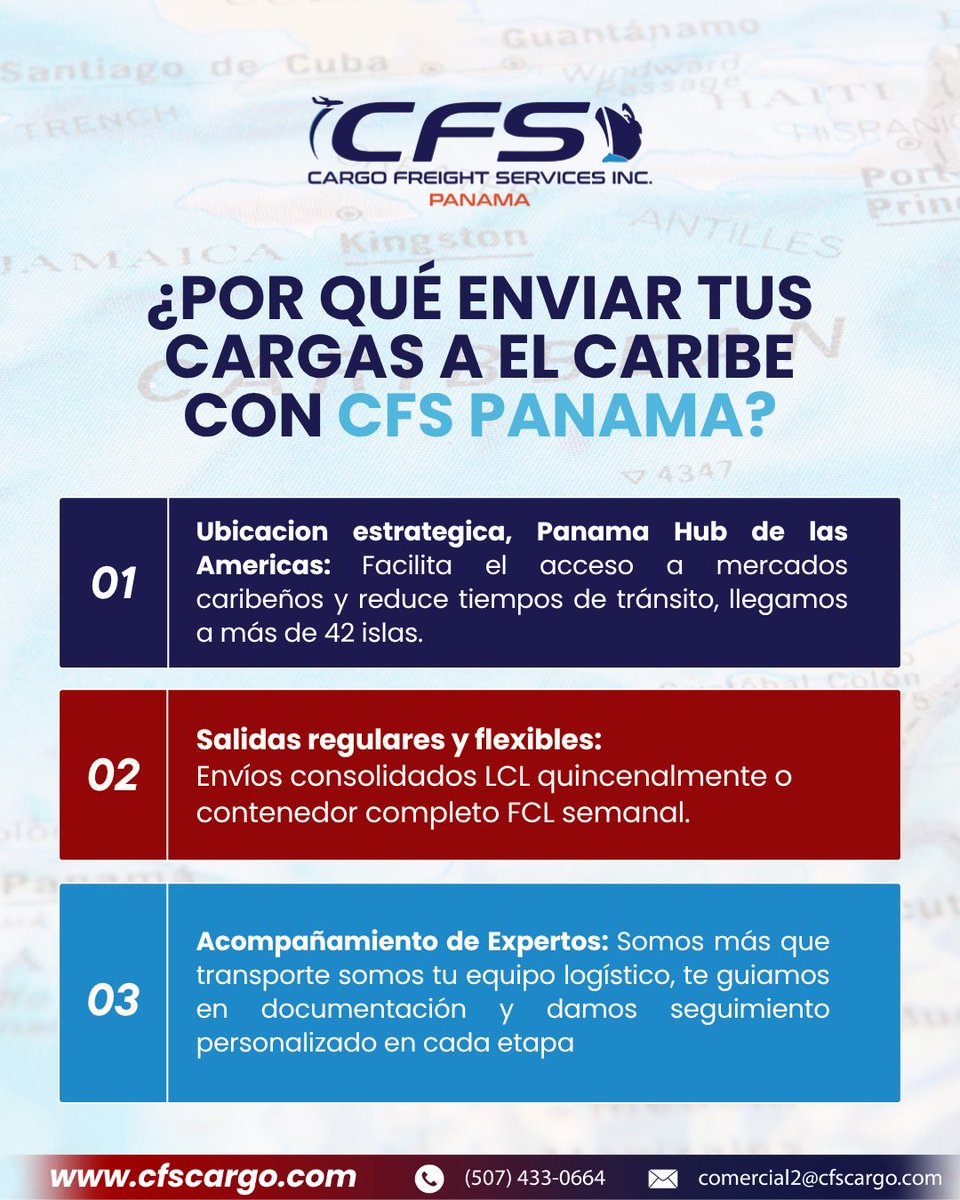 cfspanama's tweet photo. Your gateway to over 40 Caribbean islands🏝️📦

The right logistics partner makes all the difference.
With over 20 years of experience, at CFS Panama we do more than move cargo:
✅ We know every route
✅ We provide fast, effective solutions
✅ We offer personalized tracking
✅ And treat every shipment as if it were our own

Contact Us:
Comercial2@cfscargo.com