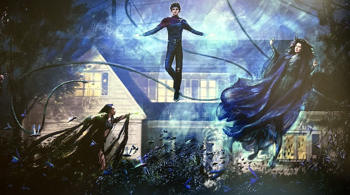 Concept art of the final battle of ‘AGATHA ALL ALONG’ featuring Death, Wiccan, and Agatha. 

Art by Karla Ortiz, from ‘AGATHA ALL ALONG: THE ART OF THE SERIES’