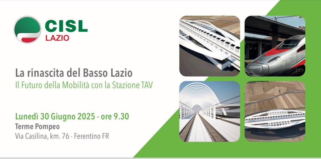 Cisl_Lazio's tweet photo. Save the date 30 giugno 2025
Auditorium Terme Pompeo Ferentino (FR)

“La Stazione del Basso Lazio”
La Cisl rilancia sulla struttura dell’Alta Velocità a Ferentino 

Coppotelli: L’opera determinerebbe una svolta cruciale, presenteremo uno studio per farne comprendere l’importanza https://t.co/KUIw0ffV3k