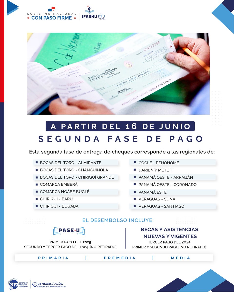 IFARHU's tweet image. A partir del lunes 16 de junio de 2025, el IFARHU iniciará la segunda fase de pagos de Becas, Asistencias Económicas y PASE-U. 

Consulta fecha y lugar en: 
ifarhu.gob.pa/1er
