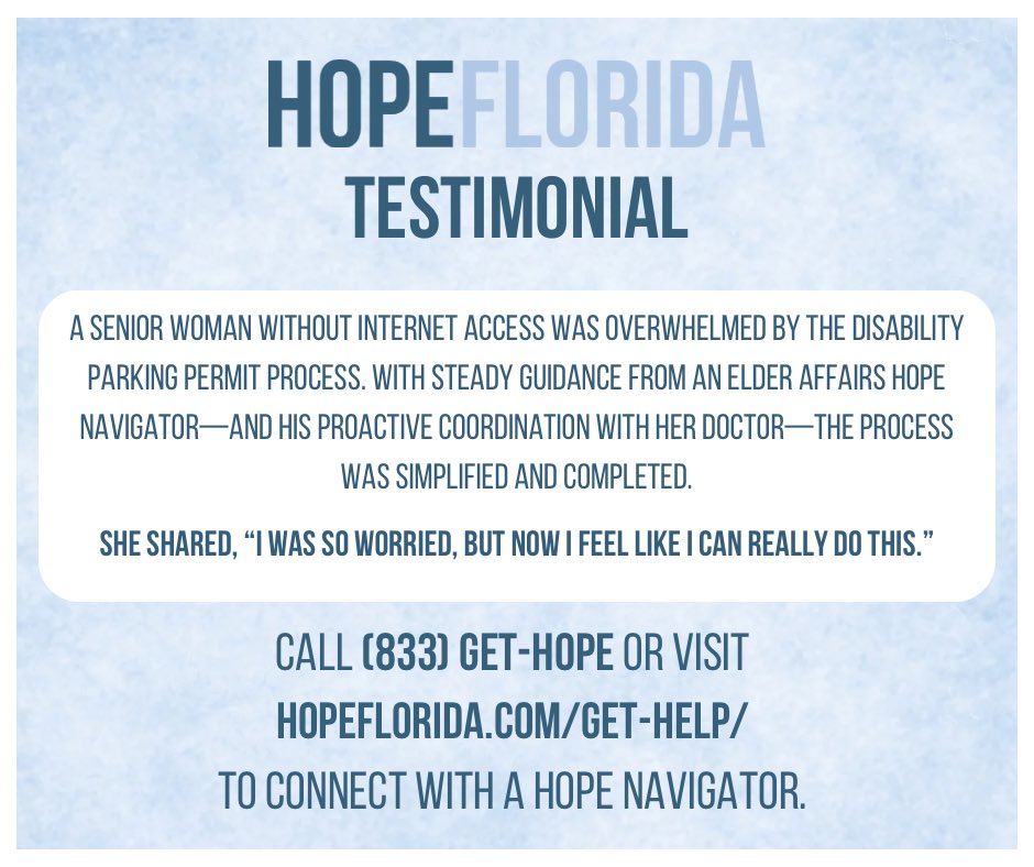 HopeFlorida's tweet image. A senior woman without internet access was overwhelmed by the disability parking permit process. With steady guidance from an @elderaffairs Hope Navigator—and his proactive coordination with her doctor—the process was simplified and completed.
