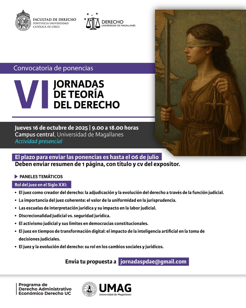 📢 ¡Comenzó la convocatoria! 
VI JORNADAS DE TEORÍA DEL DERECHO

Estamos muy contentos de anunciar que desde hoy, y hasta el 06 de julio, recibiremos propuestas de ponencias para las jornadas, a realizar en Punta Arenas, en conjunto con la <a href="/udemagallanes/">Universidad de Magallanes</a> 

¡¡No te quedes fuera!!