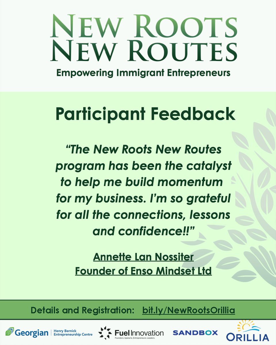 Don't miss out on the New Roots, New Routes six-week business accelerator program designed for immigrants in Orillia &amp; Lake Country
📷 Tuesdays, June 17 – July 29, 5 PM - 8 PM
📷  Georgian College – Orillia Campus, Community Impact Lab
To register, visit bit.ly/43gUNJR