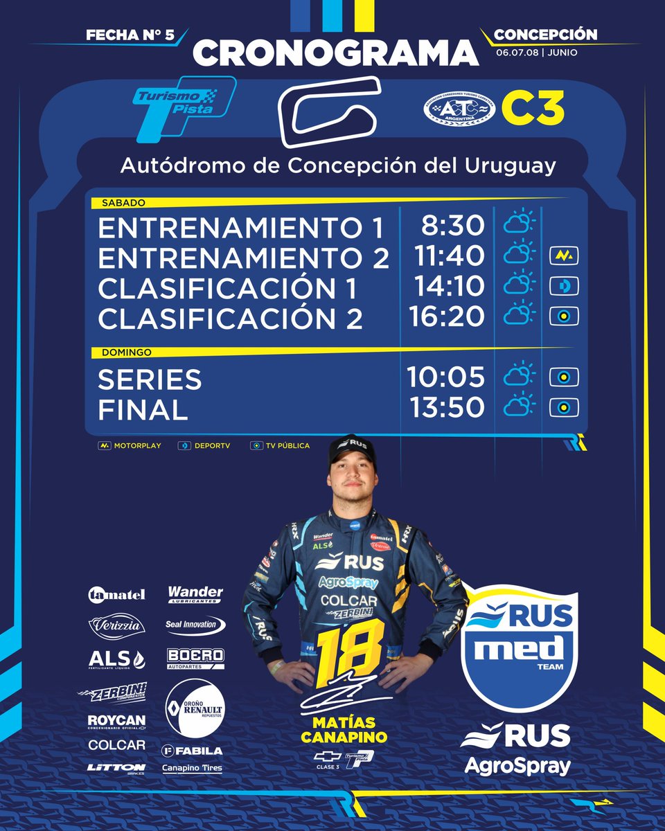 Rus Med Team (@rusmedteam) on Twitter photo โ
๏ธ CRONOGRAMA
<a href="/TurismoPista/">Turismo Pista</a>
โ๏ธ <a href="/matiascanapino/">Matias Canapino</a>
๐ท <a href="/consultoramed/">Consultora Med</a>
<a href="/mauromedina74/">Mauro Medina</a>
@cruzzettiracing
<a href="/carlos_serpero/">Carlos Serpero</a>
๐ #MasQueUnEquipo
<a href="/ruseguros/">ruseguros</a>
<a href="/RUSDeportes/">RUS Deportes</a>
<a href="/AgroSprayAR/">AgroSpray</a>
<a href="/WanderLub/">Wander Lubricantes</a>
<a href="/Exintrader/">Exintrader SA</a>
<a href="/AgriLiquid/">Agri Liquid Solutions Argentina</a>
#Verizzia
#SealInnovation
#Boero โ
๏ธ CRONOGRAMA
<a href="/TurismoPista/">Turismo Pista</a>
โ๏ธ <a href="/matiascanapino/">Matias Canapino</a>
๐ท <a href="/consultoramed/">Consultora Med</a>
<a href="/mauromedina74/">Mauro Medina</a>
@cruzzettiracing
<a href="/carlos_serpero/">Carlos Serpero</a>
๐ #MasQueUnEquipo
<a href="/ruseguros/">ruseguros</a>
<a href="/RUSDeportes/">RUS Deportes</a>
<a href="/AgroSprayAR/">AgroSpray</a>
<a href="/WanderLub/">Wander Lubricantes</a>
<a href="/Exintrader/">Exintrader SA</a>
<a href="/AgriLiquid/">Agri Liquid Solutions Argentina</a>
#Verizzia
#SealInnovation
#Boero