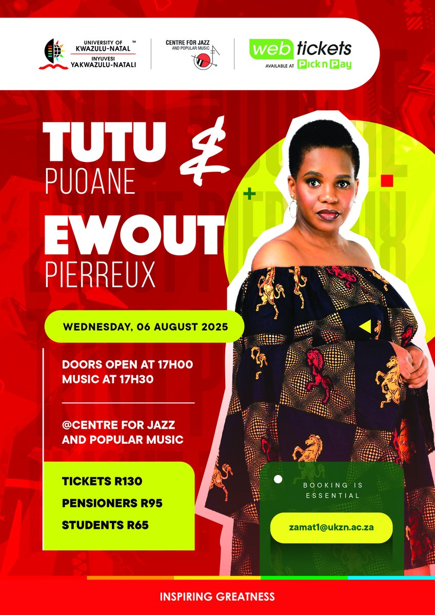 TUTU Puoane &amp; EWOUT Pierreux 06 Aug 2025 17:00
From R65  webtickets.co.za/v2/event.aspx?…