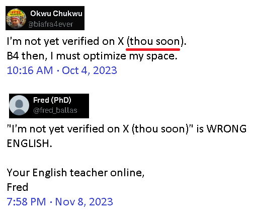 Anna Lrig (@anna_lrig) on Twitter photo <a href="/nawhodoyou/">EMEKA, aka Na Who Do You</a> <a href="/tayothegirl/">Tayo The Girl</a> Deluded Okwu told us in 2023 that he would soon be verified.
From 2023 to 2025, he managed to save some cents to afford unnecessary extra space, aka Basic Verification (without blue badge) for poor people.
Note that X does not carry out any verification of personality. <a href="/nawhodoyou/">EMEKA, aka Na Who Do You</a> <a href="/tayothegirl/">Tayo The Girl</a> Deluded Okwu told us in 2023 that he would soon be verified.
From 2023 to 2025, he managed to save some cents to afford unnecessary extra space, aka Basic Verification (without blue badge) for poor people.
Note that X does not carry out any verification of personality.