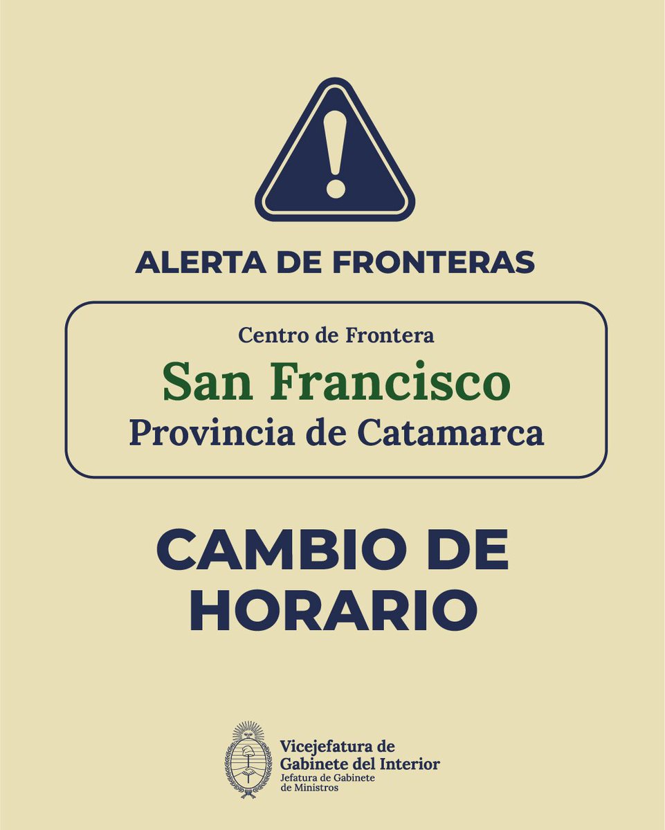 El Centro de Frontera San Francisco, en la provincia de Catamarca, funcionará excepcionalmente con el siguiente esquema durante la semana próxima:

Lunes 9 de junio - abierto 9 a 18 h
Viernes 13 - abierto 9 a 18 h

🔗 Consultá el estado actualizado en argentina.gob.ar/san-francisco