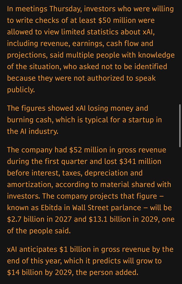 The figures showed xAI losing money and burning cash, which is typical for a startup in the AI industry.

The company had $52 million in gross revenue during the first quarter and lost $341 million before interest, taxes, depreciation and amortization.