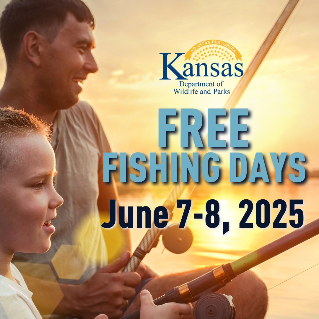 🎣 Fish On Us! Enjoy free fishing in Kansas June 7–8 — no license needed!

✅ Regs still apply (length, creel limits).
📍 Find spots, regs &amp; more: ksoutdoors.com

#FishKS #GetOutdoorsKS