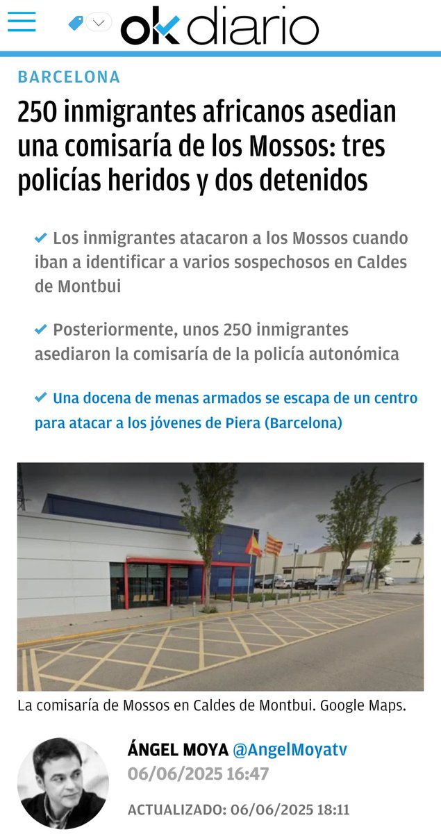 🇪🇦 ESPAÑA.

🗞 250 inmigrantes africanos asedian una comisaría de los Mossos: tres policías autonómicos heridos y dos detenidos.

🔴 Cuando ni la policía está a salvo en su propia comisaría, los ciudadanos sentimos que estamos totalmente desprotegidos.

❌️ Los culpables son los