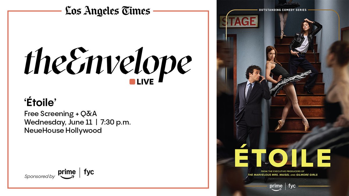 Next week! Join us Wednesday, June 11, for a FREE screening of <a href="/etoileonprime/">Etoile</a> Season 1 Episode 8, followed by a live Q&amp;A with stars Luke Kirby and Gideon Glick, moderated by the <a href="/thefilmgoer/">Matt Brennan</a>! 🩰

Reserve your seats now: tixr.com/groups/latimes…