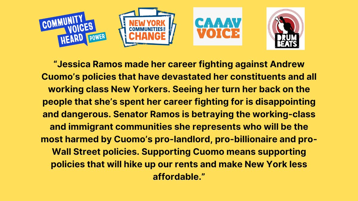 New York Communities for Change (@nychange) on Twitter photo 🚨NOW: Leading community organizations <a href="/CVHPower/">CVH Power!</a>, <a href="/nychange/">New York Communities for Change</a>, <a href="/DRUMBeatsNYC/">#ZohranForMayor</a> and <a href="/CaaavVoice/">CAAAV Voice</a> issue a statement on Jessica Ramos' endorsement of Andrew Cuomo for Mayor. 🚨NOW: Leading community organizations <a href="/CVHPower/">CVH Power!</a>, <a href="/nychange/">New York Communities for Change</a>, <a href="/DRUMBeatsNYC/">#ZohranForMayor</a> and <a href="/CaaavVoice/">CAAAV Voice</a> issue a statement on Jessica Ramos' endorsement of Andrew Cuomo for Mayor.