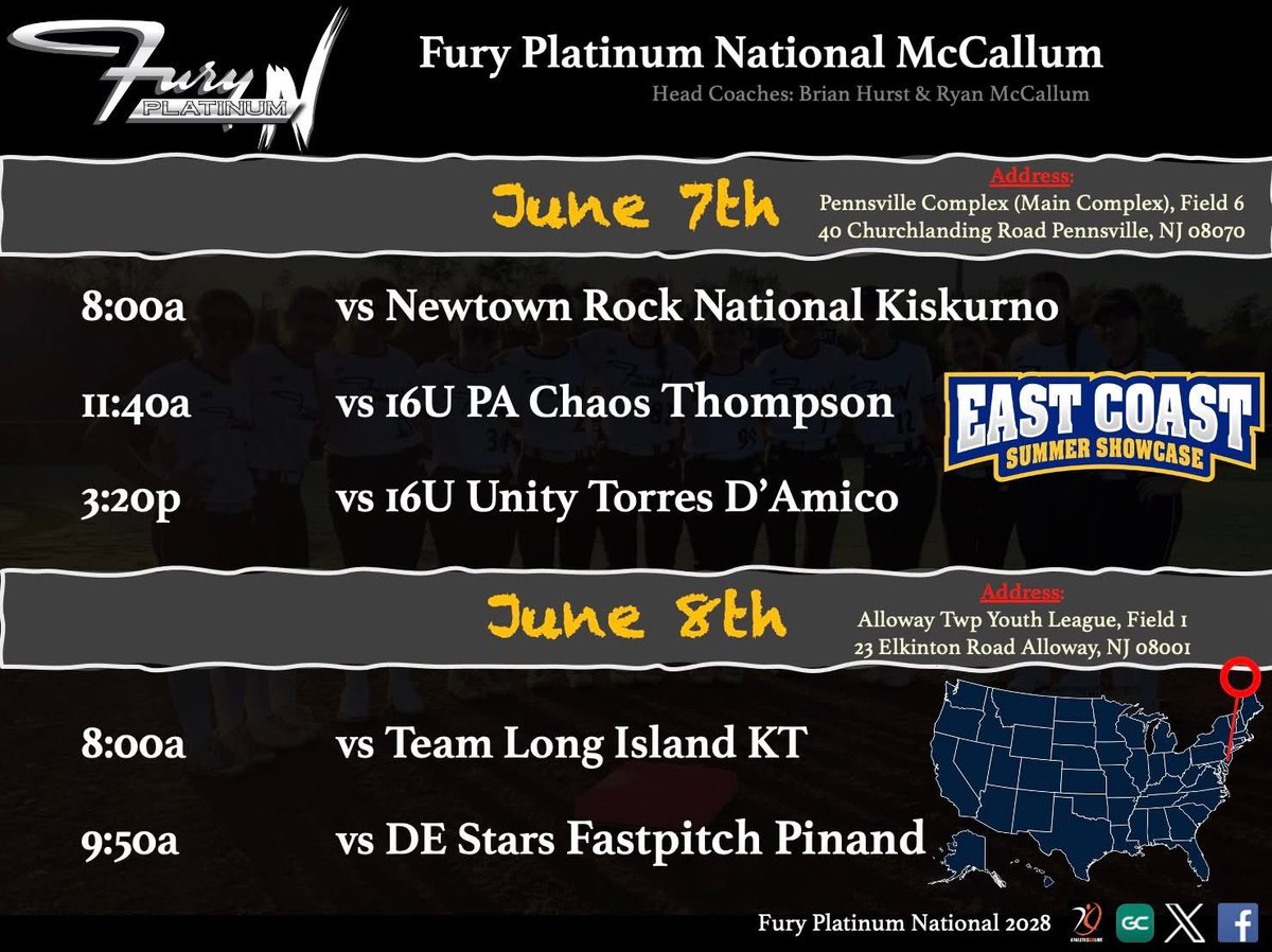 Kicking off our summer season this weekend with the East Coast Showcase! Check out our schedule below and come see what we are all about. #furyproud <a href="/VAFuryPlat2028/">Fury Platinum National - McCallum 2028</a> <a href="/FuryPlatinumVA/">Fury Platinum Virginia</a>