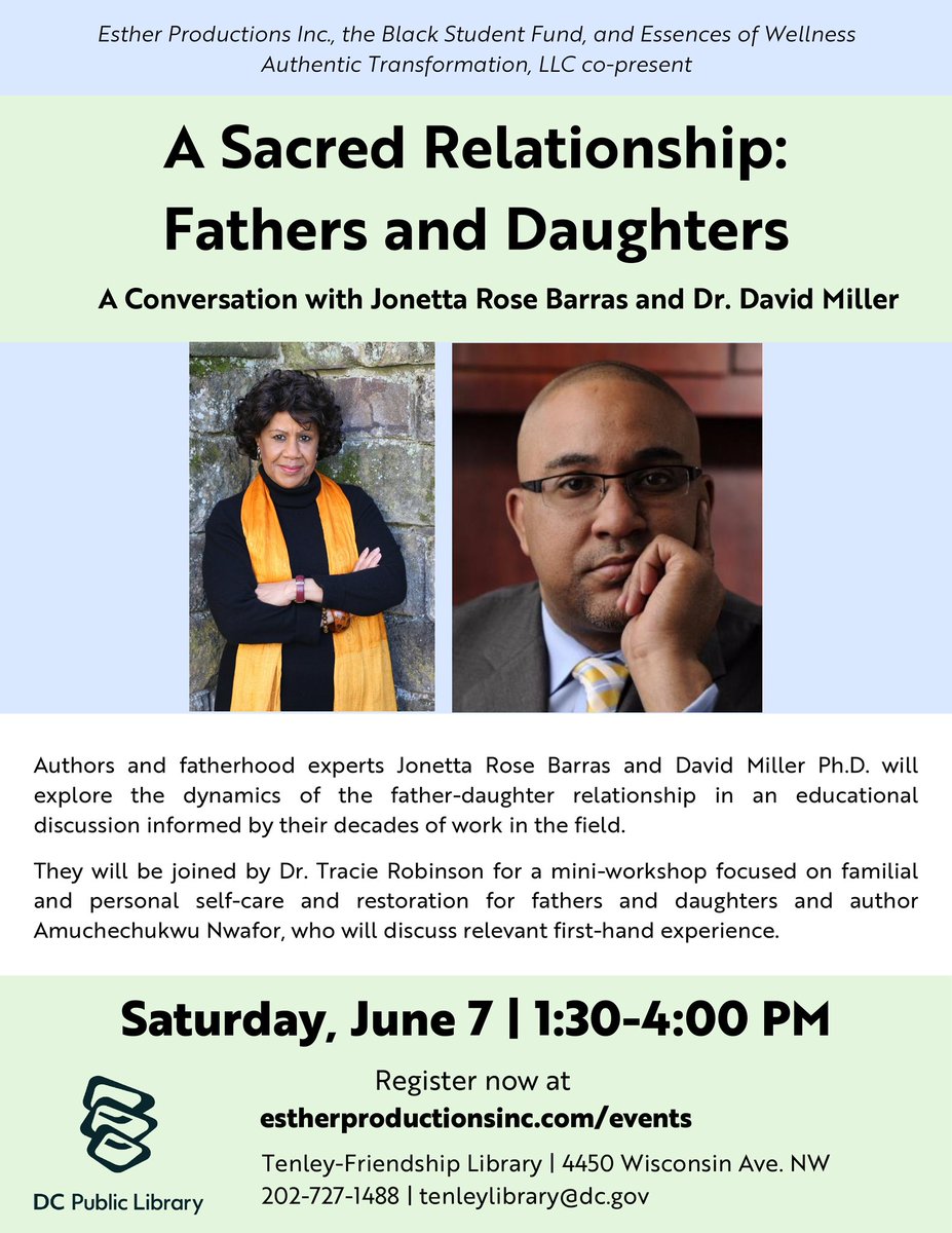 David C. Miller, Ph.D (@uchangenow) on Twitter photo As Father’s Day approaches, join us to discuss the sacred relationship between fathers and daughters. <a href="/dcpl/">DC Public Library</a>
Saturday, June 7th, 1:30 p -4:30 p
Tenley- Friendship Library 4450 Wisconsin Ave Washington, DC As Father’s Day approaches, join us to discuss the sacred relationship between fathers and daughters. <a href="/dcpl/">DC Public Library</a>
Saturday, June 7th, 1:30 p -4:30 p
Tenley- Friendship Library 4450 Wisconsin Ave Washington, DC