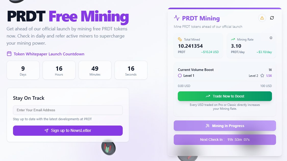 ChainMapper's tweet image. 🚀 Free $PRDT tokens are just a few clicks away, no cost, no gas, just free mining with check-in rewards!

Join here: mining.prdt.finance/?referralCode=…

1⃣ Click "Start Mining"
2⃣ Connect your wallet
3⃣ Check-in daily for boost

Follow @PRDT_Finance for updates!

#Airdrop #AirdropCrypto