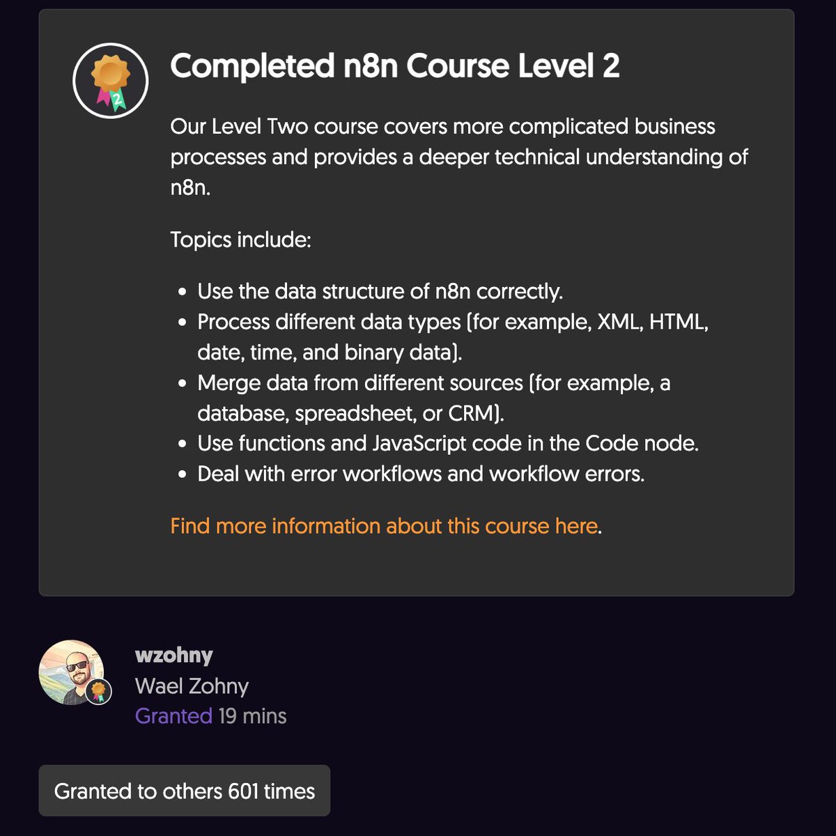 wzohny's tweet photo. I’m happy to share that I’ve obtained a new certification: @n8n_io Course Level 2! ✨

I have used self-hosted instances using Docker to build and run the course workflows on @leniencesoft private cloud.

I highly recommend Level 1 & 2 n8n official courses for better understanding, and handling complex workflows with advanced n8n Nodes.

https://t.co/1s3QTUFrfK

https://t.co/fAq9oU4oea

#AI #Automation #NoCodeAI #HappyEid