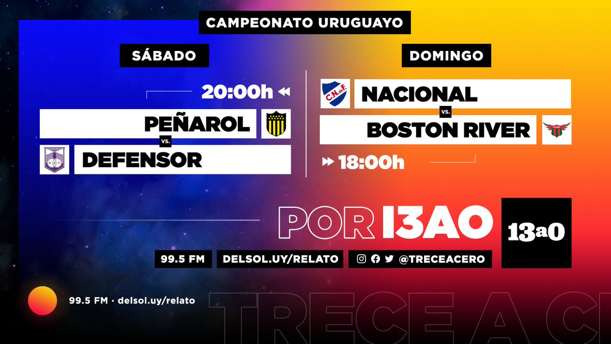 ⚽ Fin de semana en <a href="/treceacero/">⚽️ 13a0</a> 
  
📲 delsol.uy/relato
📻 99.5 FM