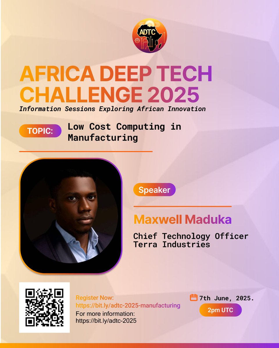 Africa Deep Tech Community (@africadeeptech) on Twitter photo Join us at 2 pm UTC on Saturday for a special info session on Low-Cost Computing In Manufacturing.
<a href="/Max_Sengu/">Maxwell Maduka 🛠️</a> , the Chief Engineer of <a href="/Terrahaptix/">Terra Industries</a> will facilitate this session.
Register here: bit.ly/adtc-2025-manu…
#adtc Join us at 2 pm UTC on Saturday for a special info session on Low-Cost Computing In Manufacturing.
<a href="/Max_Sengu/">Maxwell Maduka 🛠️</a> , the Chief Engineer of <a href="/Terrahaptix/">Terra Industries</a> will facilitate this session.
Register here: bit.ly/adtc-2025-manu…
#adtc