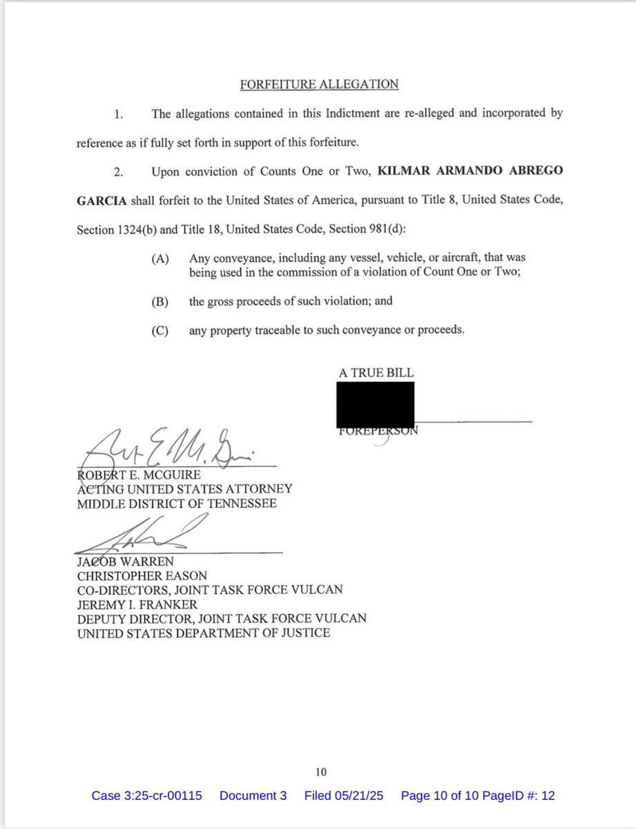 BREAKING: <a href="/FoxNews/">Fox News</a> has obtained the DOJ indictment of “Maryland man” Kilmar Abrego Garcia, charging him with 8 USC 1324 (federal human trafficking), alleging he smuggled illegal aliens in the U.S. from 2016-2015 as part of MS-13. It was filed on 5/21 and was just unsealed.