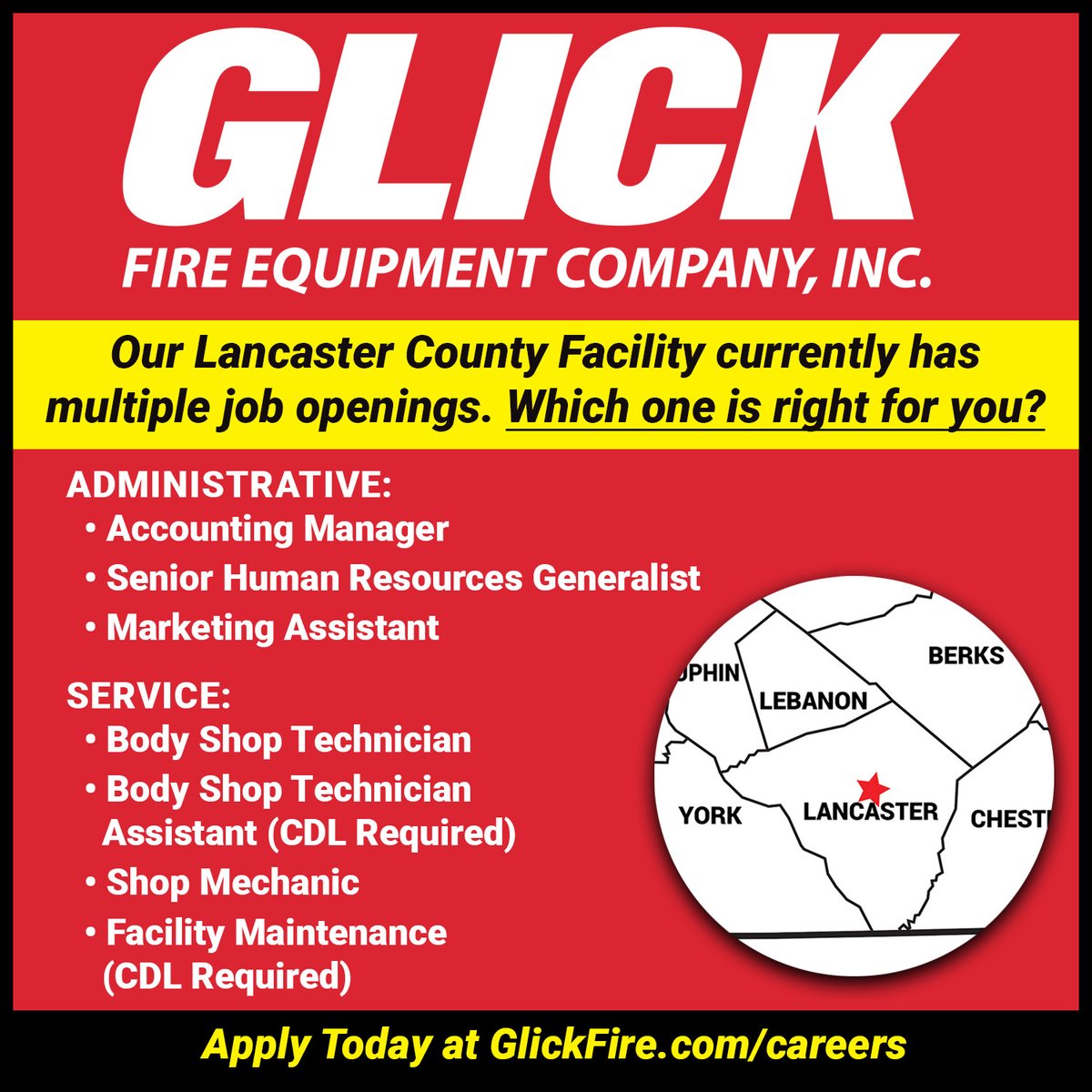 Are you interested in joining the GFE Team? Our Lancaster County PA facility has multiple positions to fill in the Administrative and Service departments.
glickfire.com/careers #glickfire #glickcareers #jobs #hiringnow #lancastercountyjobs
