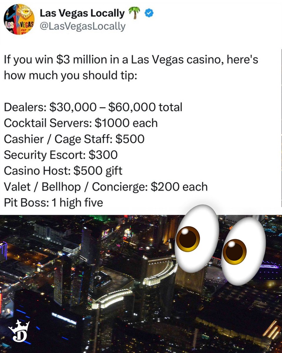 DraftKings Casino (@dkcasino) on Twitter photo Would you follow these tipping guidelines if you won $3M in Vegas?
(via <a href="/LasVegasLocally/">Las Vegas Locally 🌴</a>) Would you follow these tipping guidelines if you won $3M in Vegas?
(via <a href="/LasVegasLocally/">Las Vegas Locally 🌴</a>)