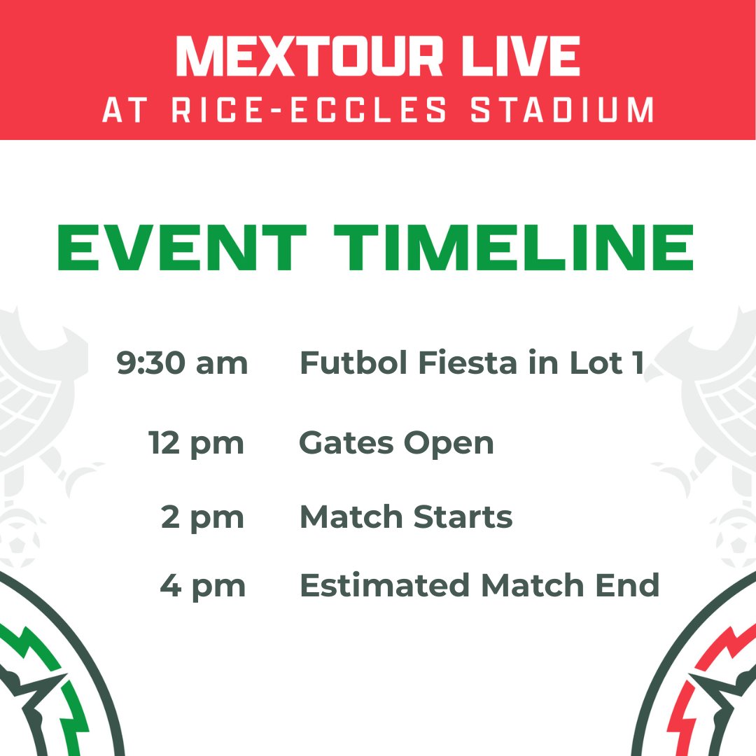 One more sleep until Mexico takes on Switzerland at Rice-Eccles Stadium! Here's tomorrow's event timeline. Gates open up at 9:30 am for Futbol Fiesta; we can't wait to see you all for some exciting soccer action.
