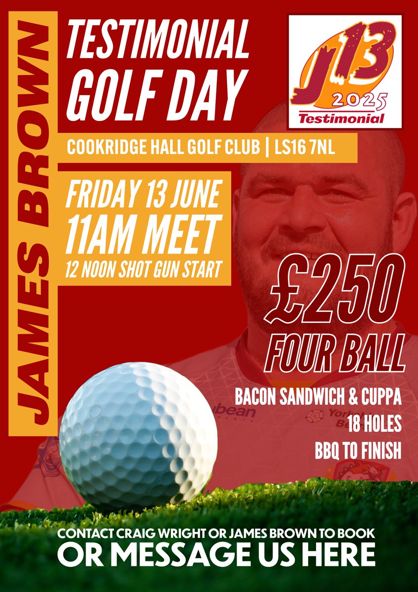 BatleyRLFC's tweet image. A round of Golf with our Club Captain @brownields 

Friday 13 June at Cookridge Hall Golf Club. 11am Meet for Breakfast. 12 Noon Shotgun start. Stay with us for a BBQ after the golf!

If you have a number for James or Craig Wright drop them a message to book or MESSAGE on here…