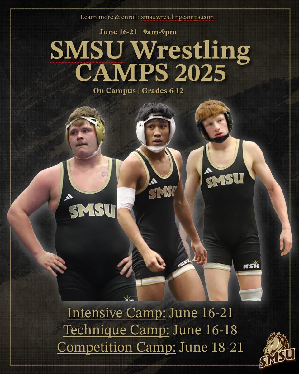 Final reminder for camps! Get signed up asap! 

#LetsRide 

smsuwrestlingcamps.com