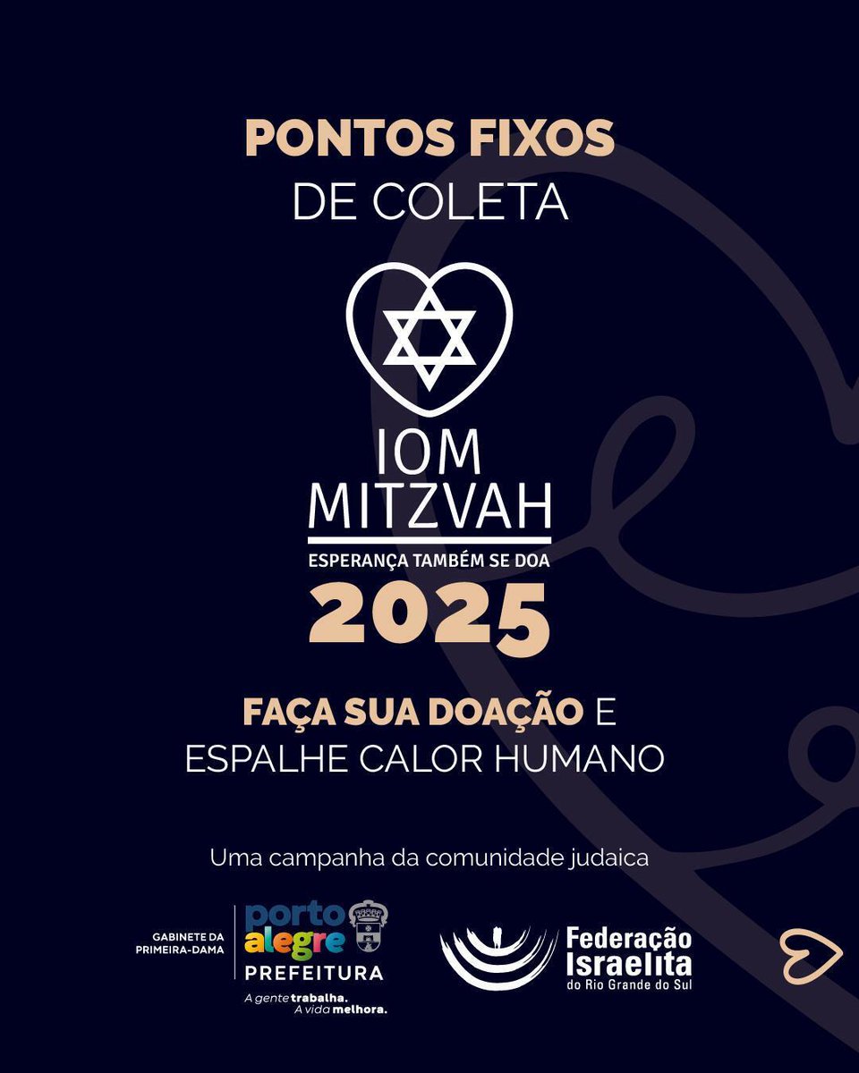 🧣🧥 Pontos fixos de solidariedade!
Você pode doar até dia 14 de junho nos pontos de coleta do Iom Mitzvah!

#IomMitzvah #CampanhaDoAgasalho #FIRS #SolidariedadeQueAquece #DoeAgasalhos #PortoAlegre #InstitutoCaldeira #Melnick
