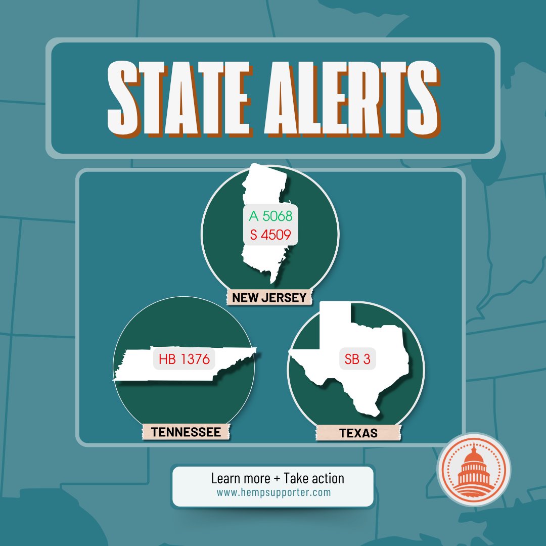 Hemp Action Update: TX, NJ &amp; TN

TX: Time’s almost up. SB 3 would ban all hemp products. TX residents: Urge Gov. Abbott to veto now.

NJ: Good and bad. Help support A5068, oppose S4509.

TN: Gov. Lee signed HB 1376. Restrictions start 1/1/26.

hempsupporter.com/news/updates-i…