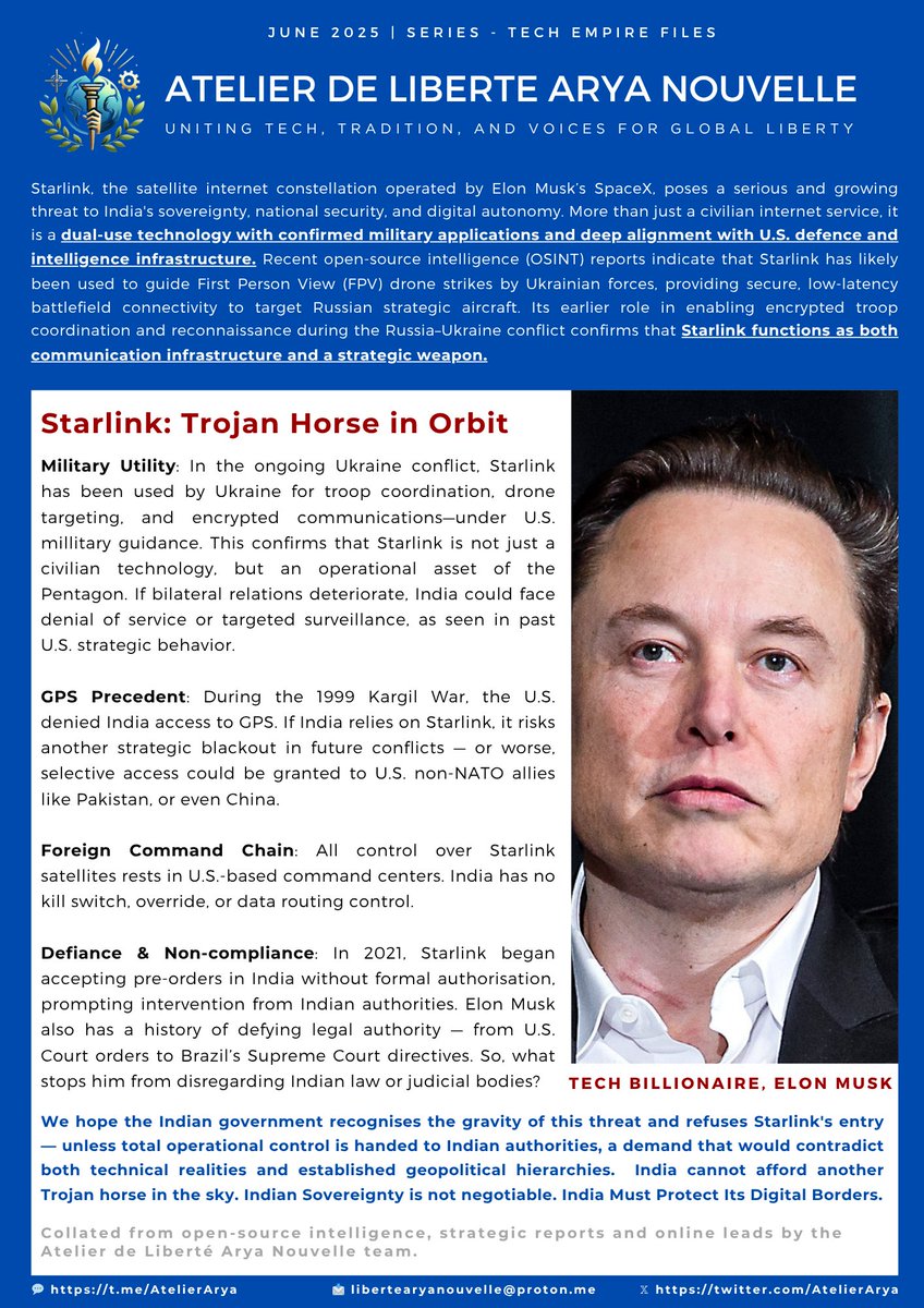 AtelierArya's tweet photo. 🧿#TechEmpireFiles – EP 1

#ElonMusk 's #Starlink is a US-aligned, dual-use satellite grid. With no kill switch, no routing control in India, and battlefield use in Ukraine, it poses a grave threat to India's strategic &amp; digital sovereignty.

❗India's skies must remain sovereign https://t.co/Gu3CXHmOZA