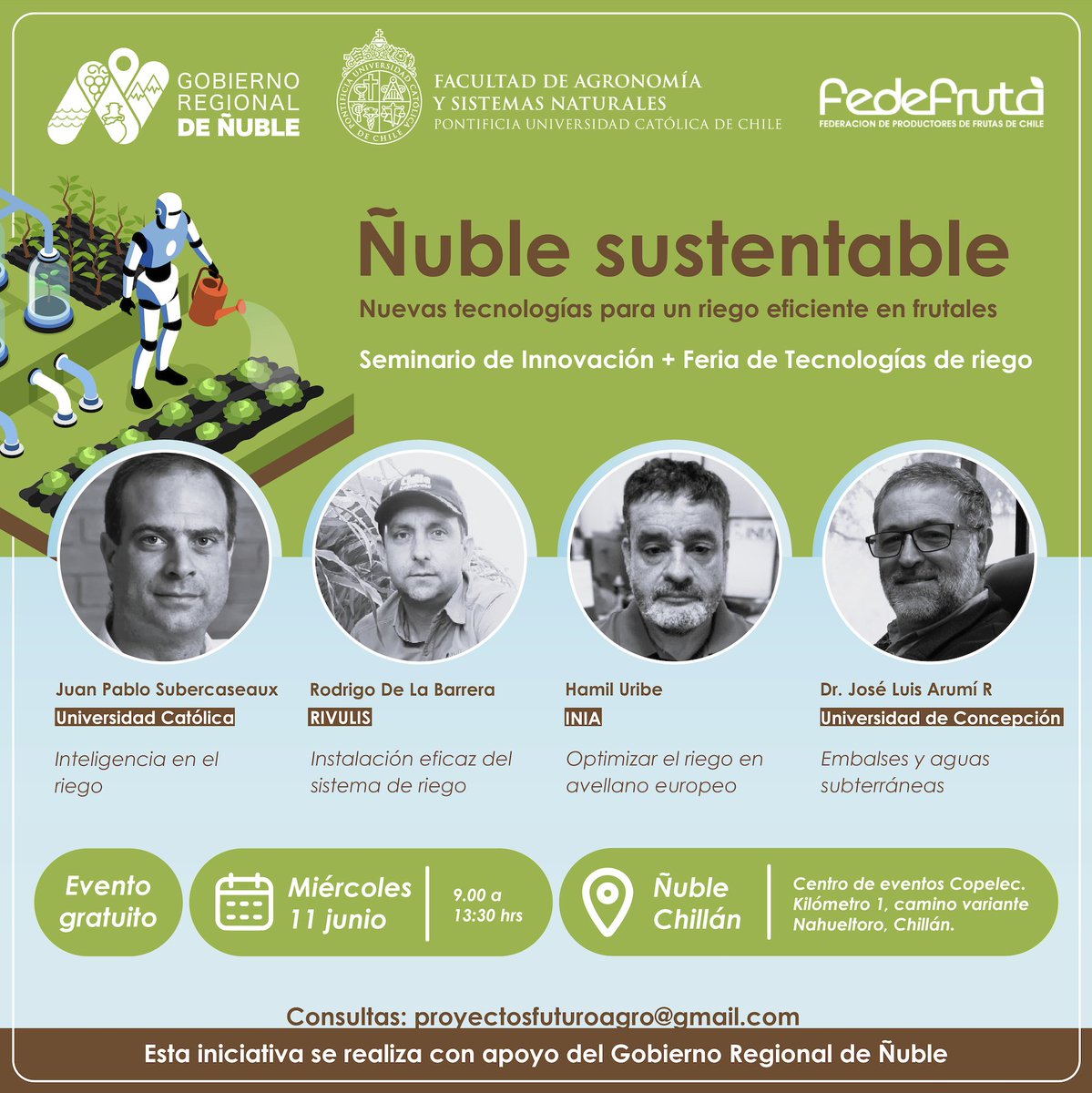 Fedefruta te invita a #ÑubleSustentable , un evento gratuito que se realizará el próximo 11 de junio de 2025 en el Centro de Eventos Copelec en #Chillán.  La cita es ese día, a las 9:00 horas con estos interesantes expositores.