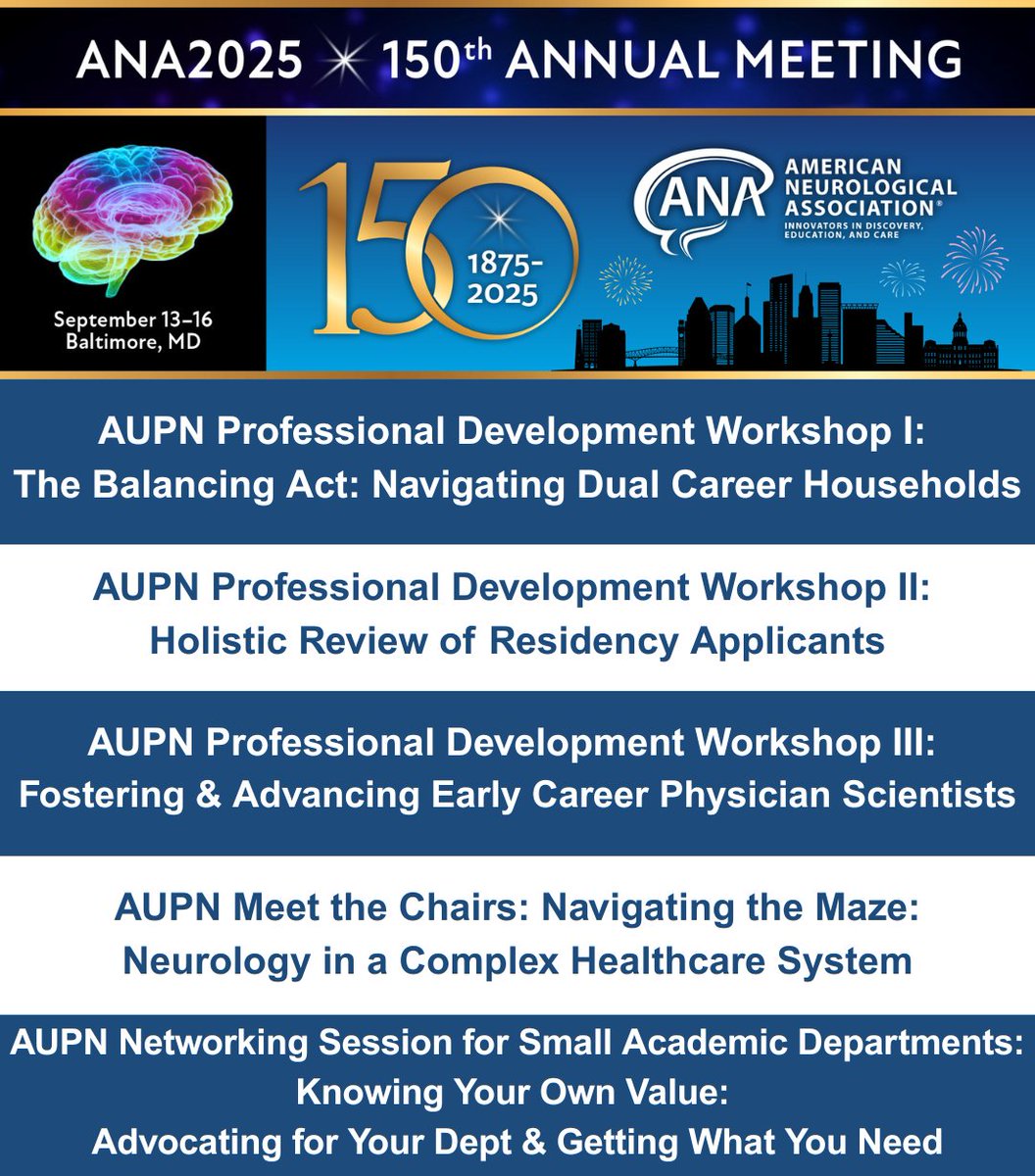 Association of University Professors of Neurology (@aupn_leaders) on Twitter photo We're pleased to be partnering again with the American Neurological Association (<a href="/TheNewANA1/">American Neurological Association</a>) to offer five educational sessions at #ANA2025! These sessions are all included with the registration fee for the ANA Annual Meeting.
Visit our website to learn more: We're pleased to be partnering again with the American Neurological Association (<a href="/TheNewANA1/">American Neurological Association</a>) to offer five educational sessions at #ANA2025! These sessions are all included with the registration fee for the ANA Annual Meeting.
Visit our website to learn more: