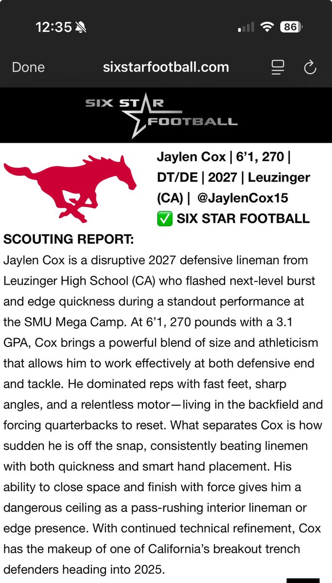 JaylenCox15's tweet image. Thank you @sixstarfootball for the write up! Much appreciated. @TEAMHUSTLEFTBL @DannyLockhartS1 @Leuzinger_FB @PGregorian @GregBiggins @latsondheimer @deundraymorgan