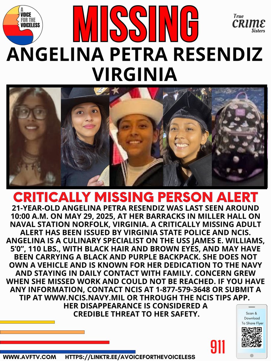 🔴 URGENT: MISSING NAVY SAILOR — NORFOLK, VIRGINIA 🔴

The Virginia State Police and the Naval Criminal Investigative Service (NCIS) have issued a Critically Missing Adult Alert for 21-year-old Seaman Angelina Petra Resendiz, who was last seen around 10:00 a.m. on Thursday, May