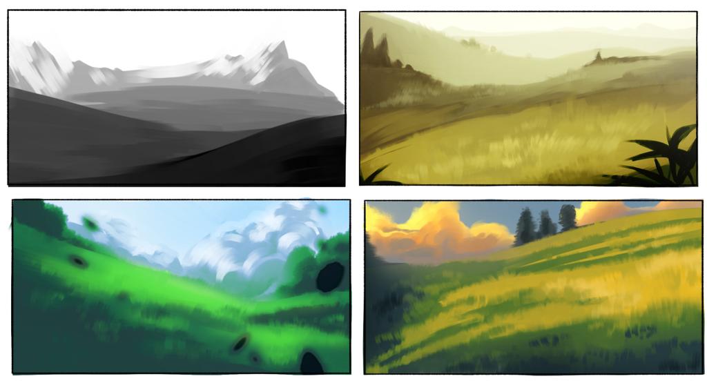 A quick background practice! 
( I'm proud of how they turned out the truth to be the first time I do something like this) 🌱✨.
#art #Practice #Landscapes