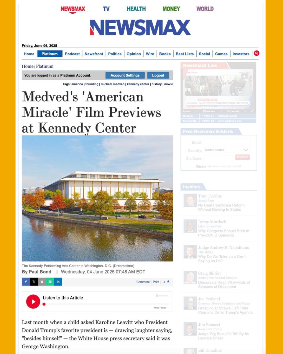 alrc's tweet image. As covered by @NEWSMAX, last night’s premiere of @AmMiracleMovie at the Kennedy Center was a resounding success — a celebration of history, faith and the extraordinary journey of our nation.
🔗 bit.ly/4eaIpQR