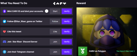 🚨 New quest is LIVE on <a href="/carv_official/">CARV</a> 

 $500 prize pool + extra rewards for players 🎉
Star Riser is heating up 🔥

 What do you need to do? Easy
✅ Quests such as following us, joining discord.. etc.

Join now: play.carv.io/events/a41dd6f…