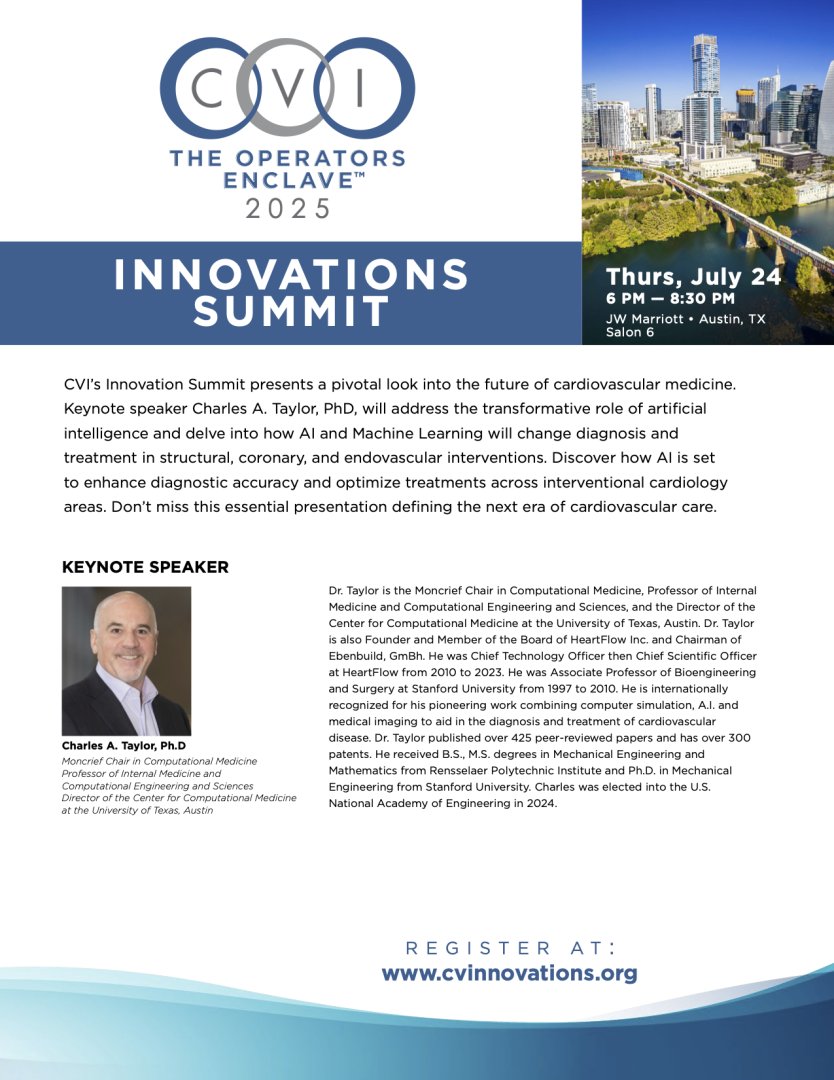 CV Innovations (@cvinnovations) on Twitter photo CVI’s Innovation Summit features keynote speaker Charles A. Taylor, PhD. How AI and Machine Learning will change diagnosis and treatment. Info and registration: cvinnovations.org/cvi2025/ #cardiology #ai #aimedicine #coronary #interventionalcardiology #conference #keynote CVI’s Innovation Summit features keynote speaker Charles A. Taylor, PhD. How AI and Machine Learning will change diagnosis and treatment. Info and registration: cvinnovations.org/cvi2025/ #cardiology #ai #aimedicine #coronary #interventionalcardiology #conference #keynote