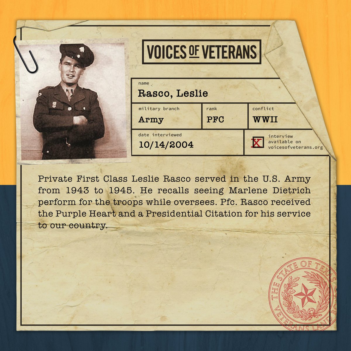 VLB Chairwoman Dawn Buckingham, M.D., is proud to introduce the next installment of the series highlighting the <a href="/TexasVLB/">Texas VLB</a>'s Voices of Veterans Program.

This week, we highlight the service of PFC Leslie Rasco, who served in the <a href="/USArmy/">U.S. Army</a>.

Listen here:
glo.texas.gov/about-glo/pres…