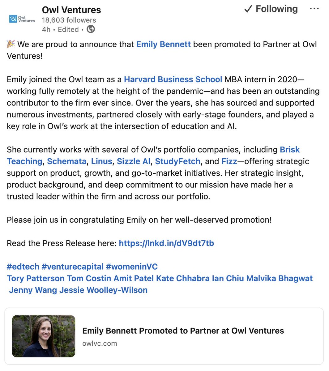 Congrats Emily Bennett! <a href="/OwlVC/">Owl Ventures</a> 

Owl Ventures is the largest venture capital firm in the world focused on #EdTech with over $2 billion AUM.

Shoutout to Owl's portfolio companies too, including our very own Sizzle AI 🥳
<a href="/StudyFetch/">StudyFetch</a>  
<a href="/briskteaching/">Brisk Teaching</a> 
<a href="/MasterClass/">MasterClass</a>
<a href="/MightyNetworks/">Mighty Networks</a>