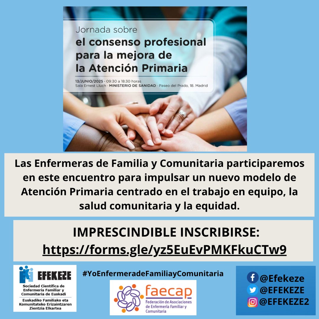 📢Jornada sobre el consenso profesional para la mejora de la #AtenciónPrimaria.
🗓️13 de junio
📍Ministerio de Sanidad 
<a href="/sanidadgob/">Ministerio de Sanidad</a>

🗒️Inscripción: docs.google.com/forms/d/e/1FAI…

<a href="/faecap/">FAECAP +S</a>
#enfermerasdefamiliaycomunitaria #EFYC