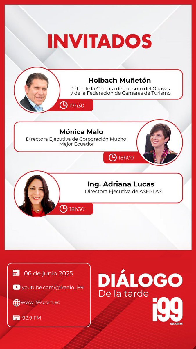 Te presentamos a los invitados de Diálogo De La Tarde, ¡no te lo pierdas! 🎙️

- 17h30 l Holbach Muñetón
- 18h00 l Mónica Malo
- 18h30 | Ing. Adriana Lucas

#SintonizaLa989FM #DiálogoRadio 
#Noticias