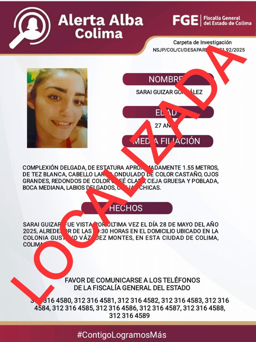 Sarai ya fue localizada. El Protocolo Alerta Alba agradece el apoyo de medios de comunicación y la colaboración de la sociedad mediante llamadas a las líneas 089 y 911, así como la información que se compartió a través de redes sociales.