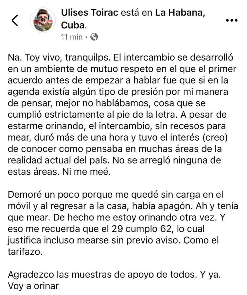 ⚠️⚠️El humorista Ulises Toirac actualiza tras ser citado por la Seguridad del Estado… hay que dejar de normalizar que esta gentuza te “cite” amablemente para saber cómo piensa cada cuál.

Es la locura de vivir en un estado totalitario.