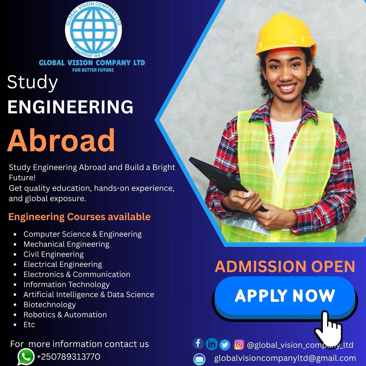 🌍 Waba ushaka kwiga mu Buhinde? Tugane tugufashe! 🇮🇳
Hari scholarships zigeze kuri 100%!
🎓 Ntitwishyuza amafaranga ya service – turagufasha ku buntu!
📲 Twandikire kuri WhatsApp: +250789313770 kugira ngo utangire urugendo rwawe rwo kwiga hanze!

GLOBAL VISION COMPANY LTD – Ejo