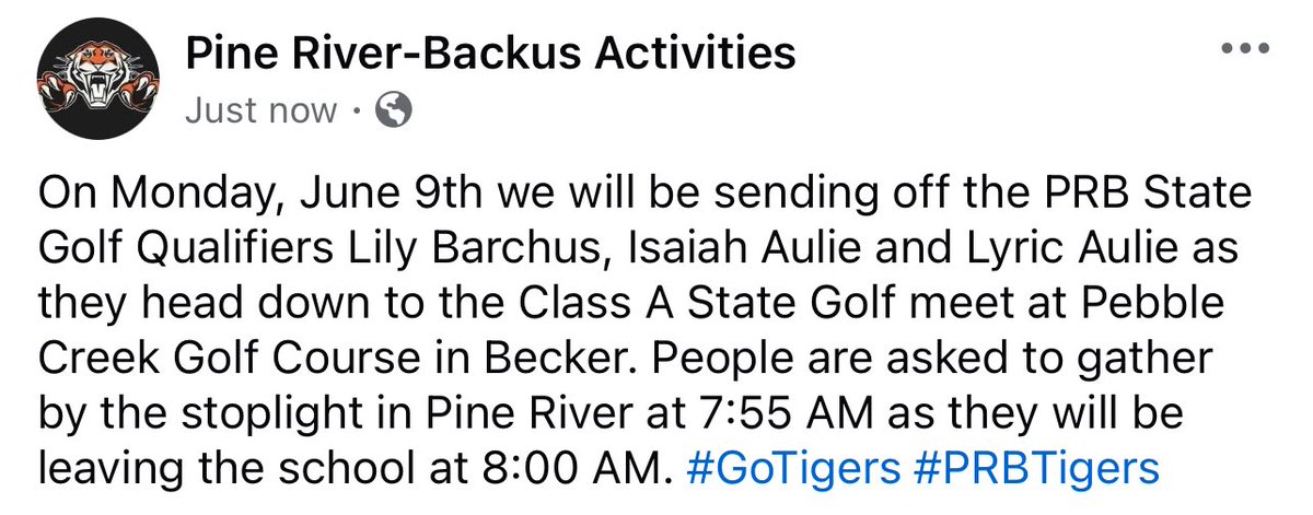 On Monday, June 9th we will be sending off the PRB State Golf Qualifiers Lily Barchus, Isaiah Aulie and Lyric Aulie as they head to the Class A State Golf meet at Pebble Creek GC in Becker. See the post below for more info! #GoTigers #PRBTigers <a href="/JeremyMillsop/">Jeremy Millsop</a> @rickauliePRB
