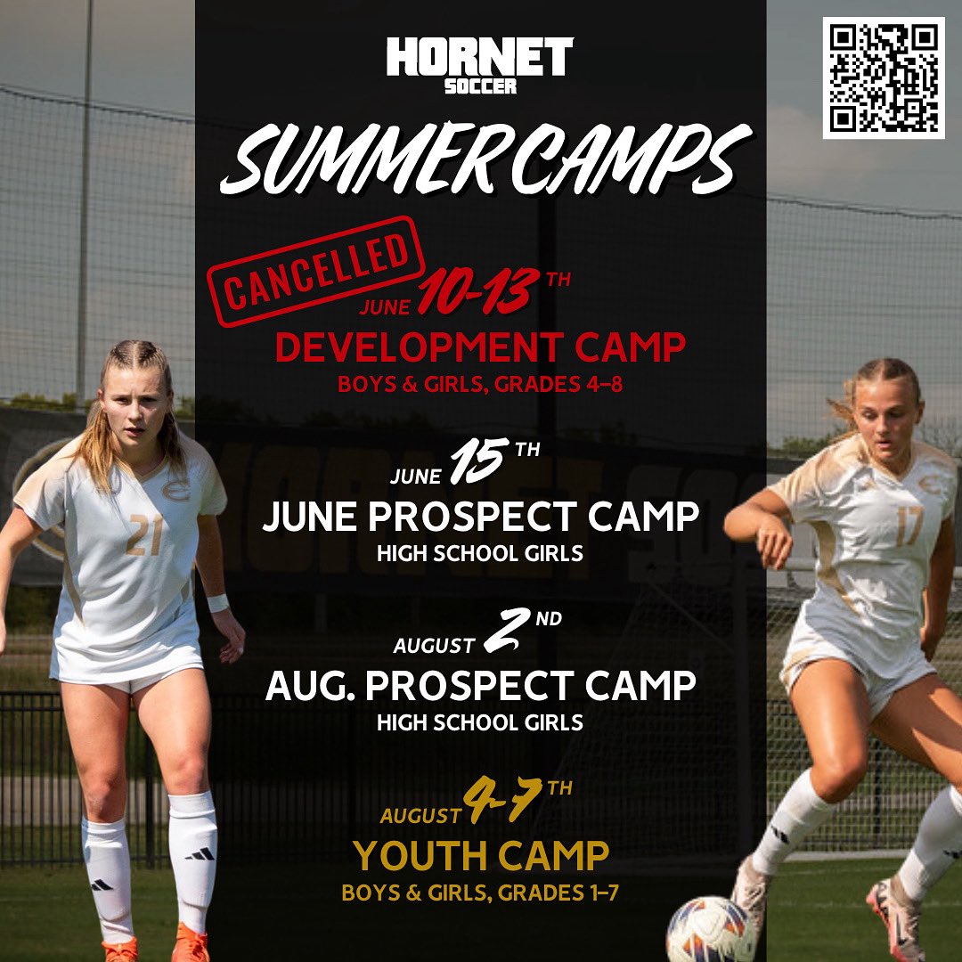 Due to low numbers this time around, we’ve made the difficult decision to cancel our Hornet Soccer Development Camp, scheduled for next week ☹️

We look forward to seeing all the Baby Hornets in August at our Youth Soccer Camp, open to grades 1-7! 🐝